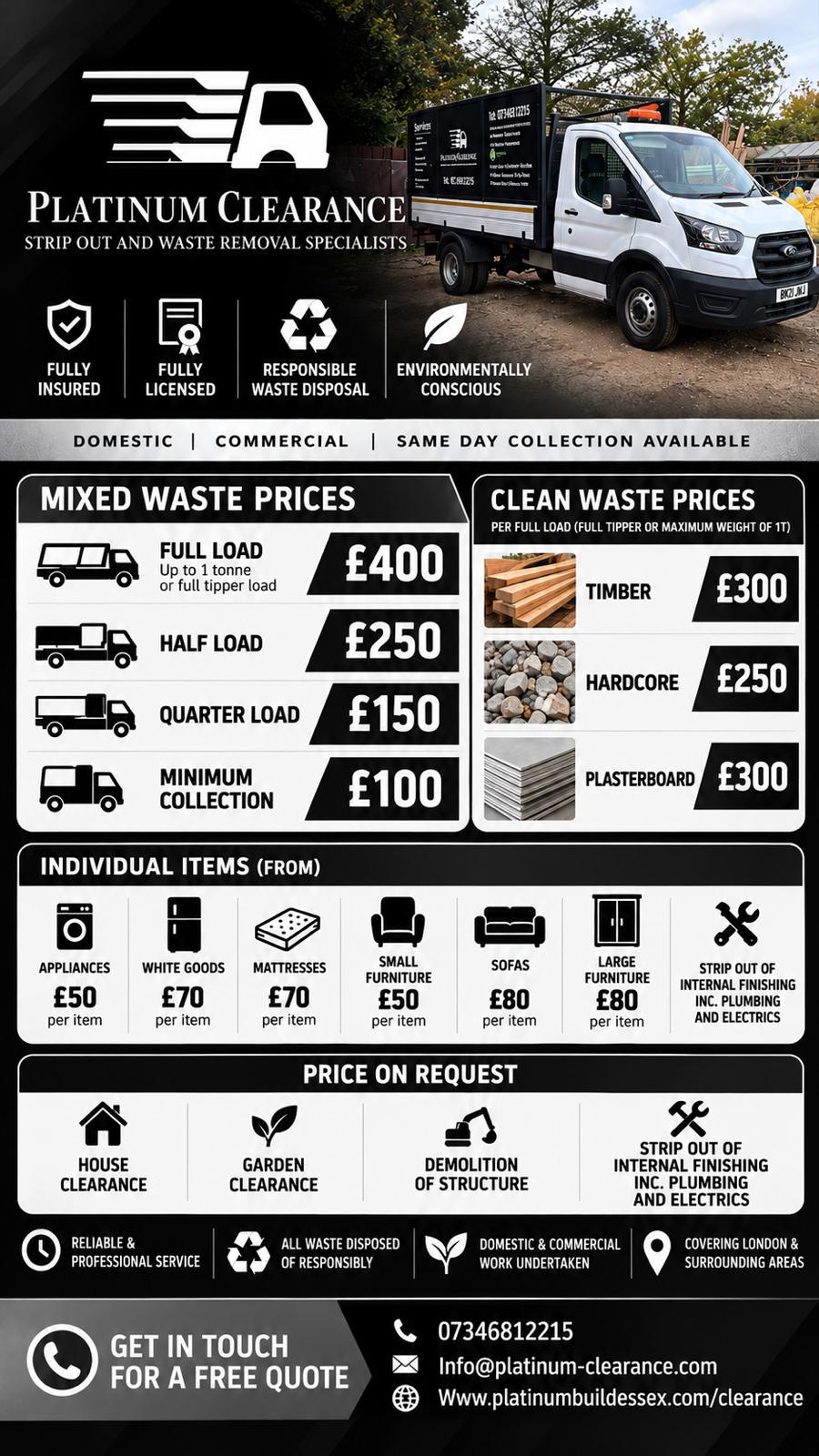 Platinum Clearance tipper truck shown in the supplied business flyer